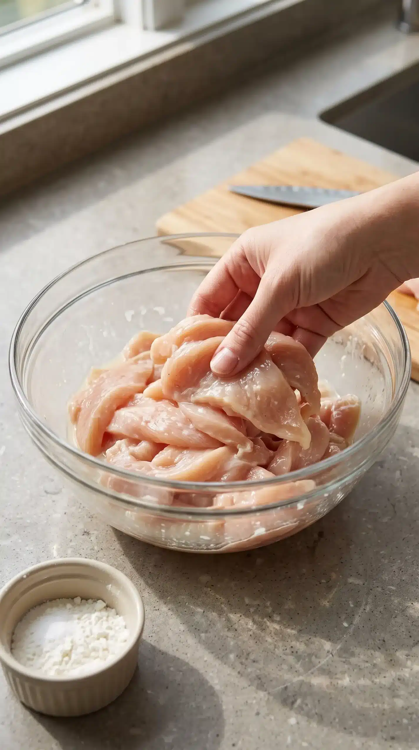 Thinly sliced chicken pieces being coated with marinade ingredients before stir fry cooking