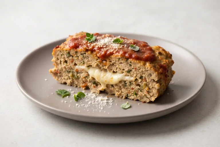 Slice of chicken meatloaf recipe with marinara sauce and melted mozzarella on a plate