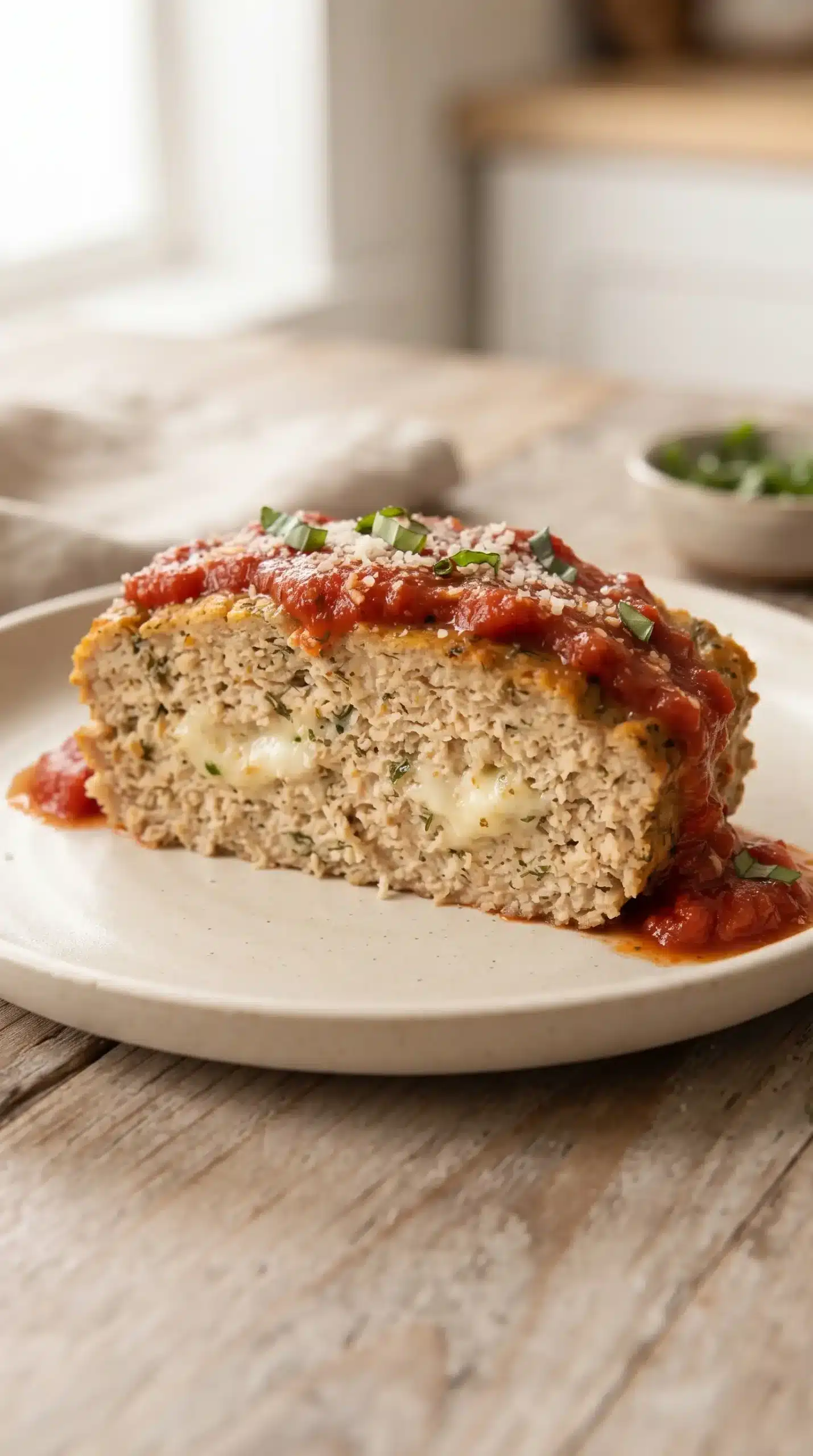 Baked chicken meatloaf slice showing moist texture, mozzarella center, and marinara topping
