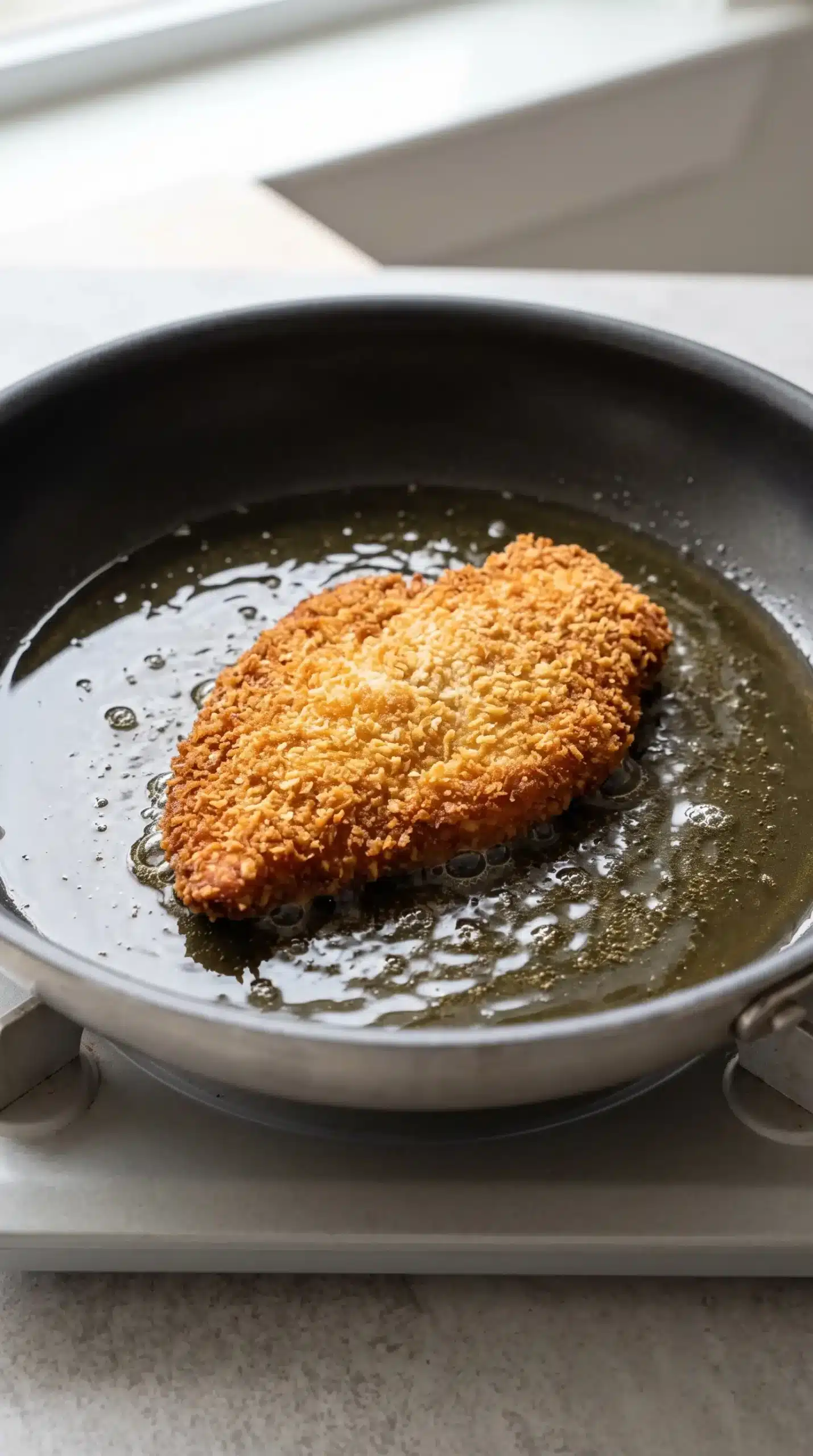 Breaded chicken cutlet frying in a skillet as a golden crust forms