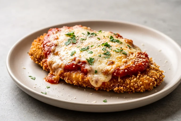 Chicken parmesan recipe with crispy breaded cutlet, marinara sauce, melted mozzarella, and Parmesan cheese