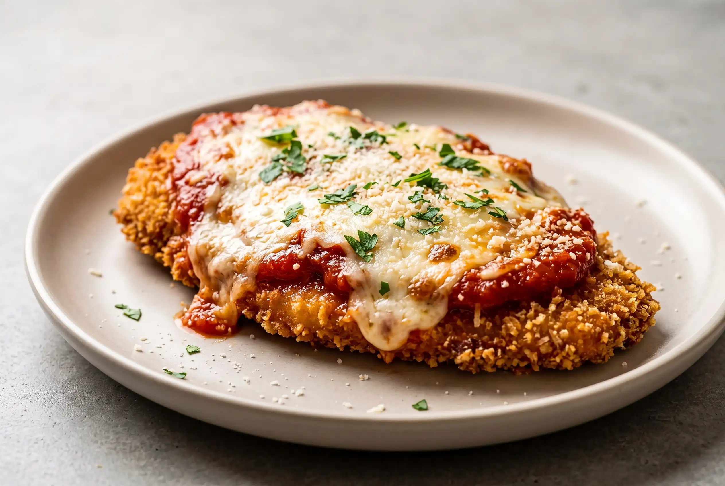 Chicken parmesan recipe with crispy breaded cutlet, marinara sauce, melted mozzarella, and Parmesan cheese