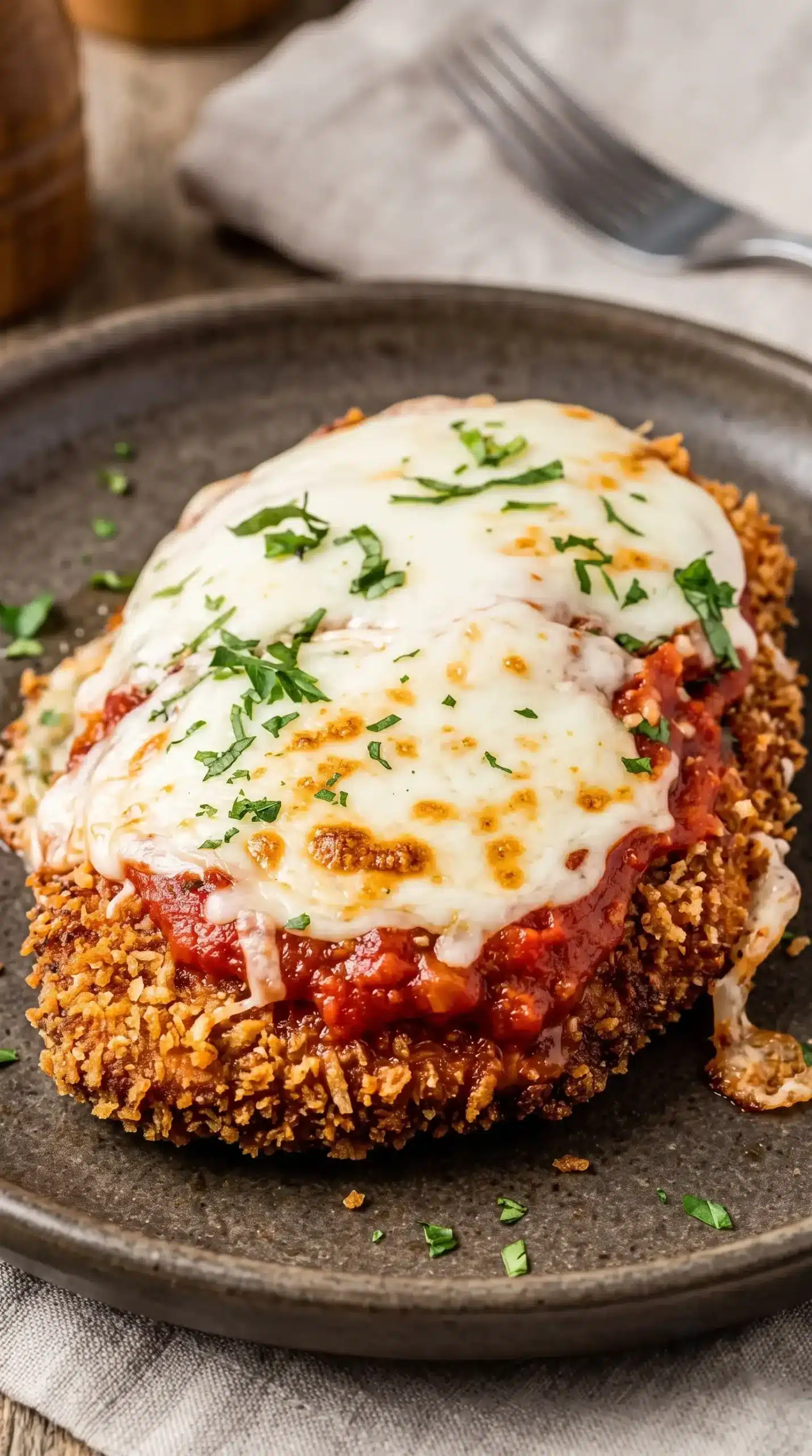 Chicken parmesan cutlet topped with marinara sauce, mozzarella, and Parmesan