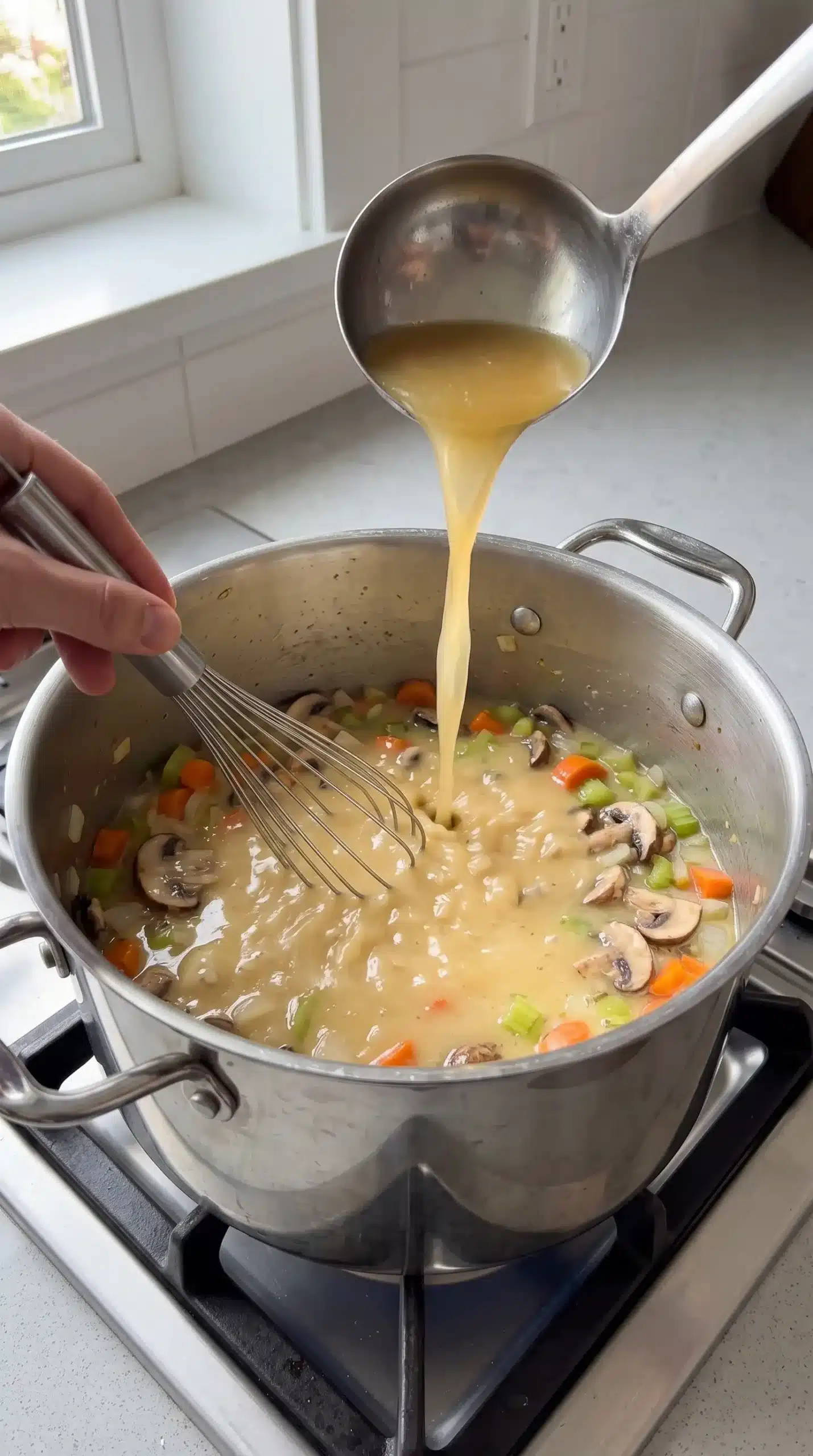 Roux and chicken stock being combined to create the creamy base for Chicken Pot Pie Soup