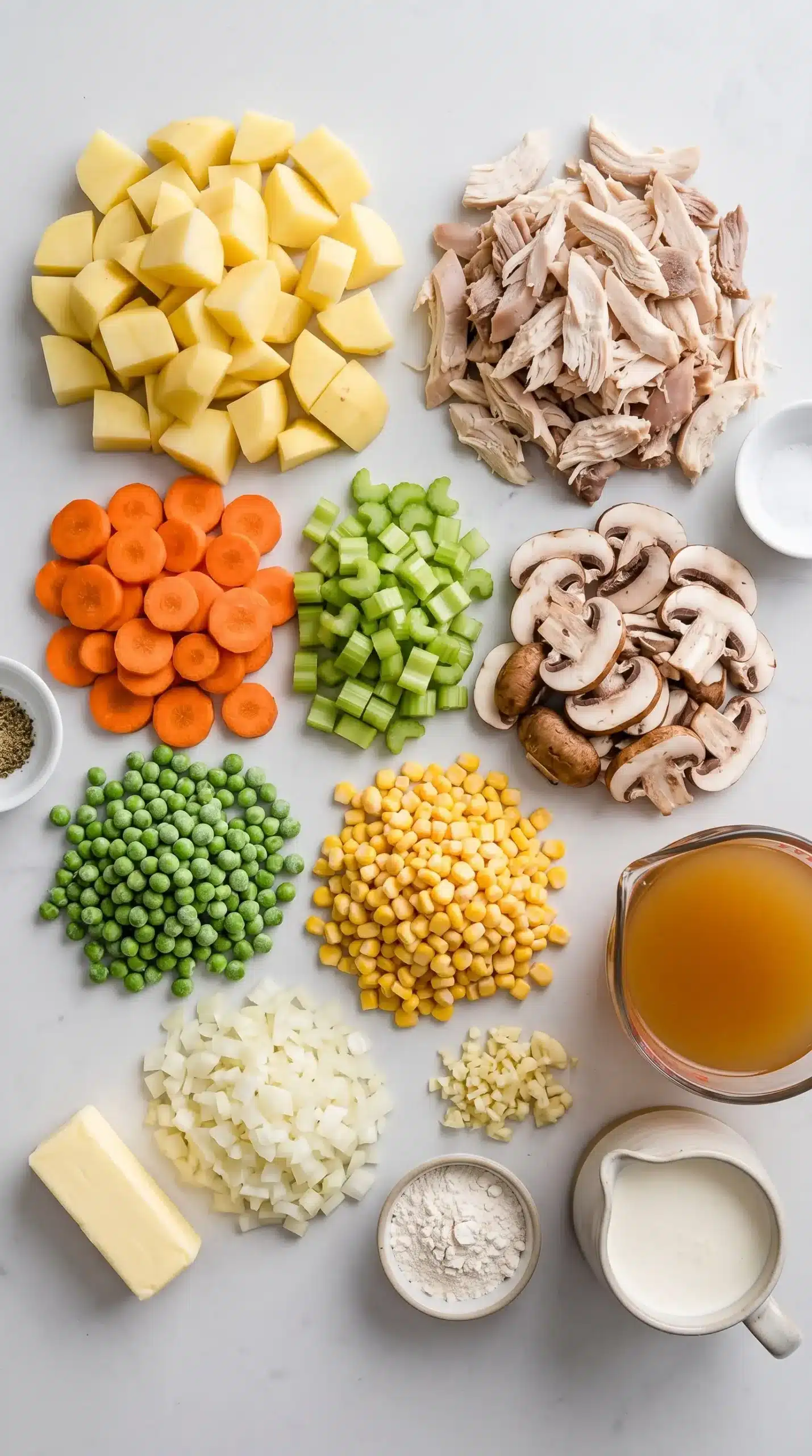 Ingredients for Chicken Pot Pie Soup with chicken, potatoes, vegetables, and creamy soup components