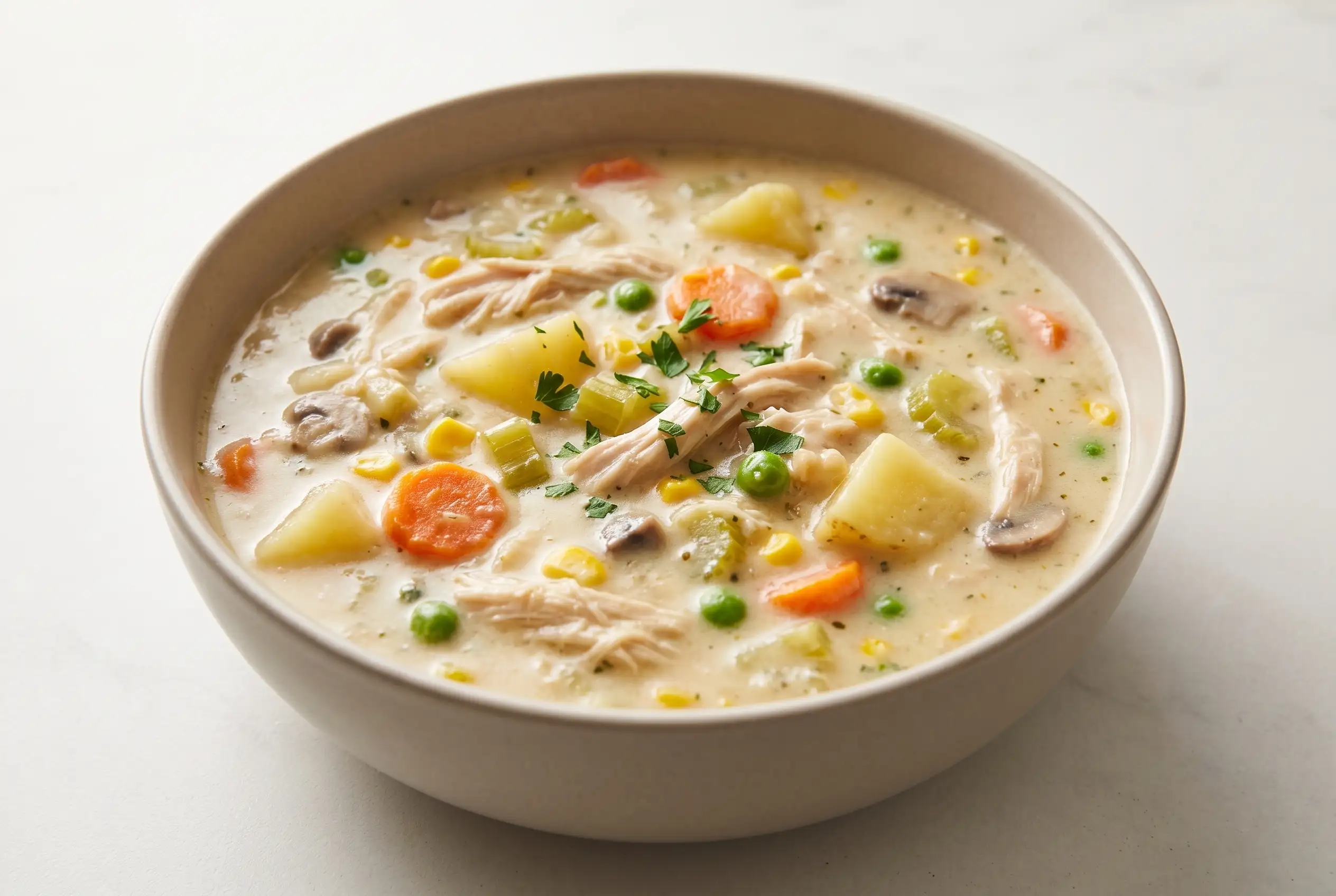 Chicken Pot Pie Soup with creamy broth, chicken, potatoes, and vegetables in a bowl
