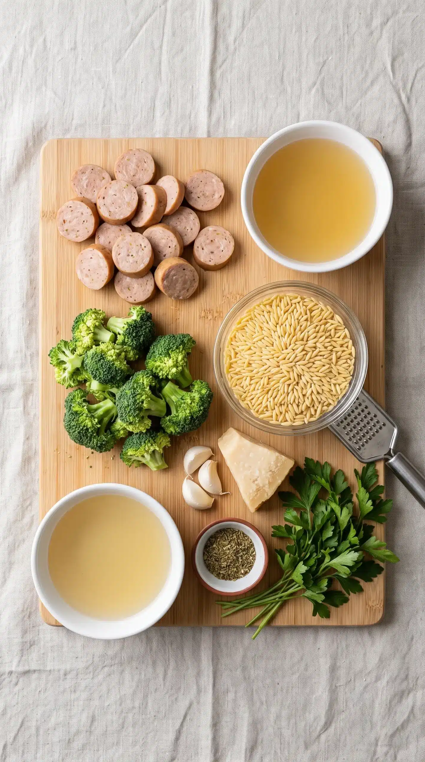 Chicken sausage, broccoli, orzo, Parmesan, garlic, broth, seasoning, and parsley arranged before cooking