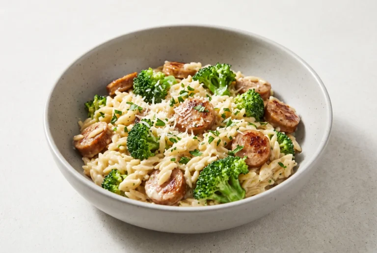 Creamy chicken sausage and broccoli orzo with Parmesan and fresh parsley in a ceramic bowl
