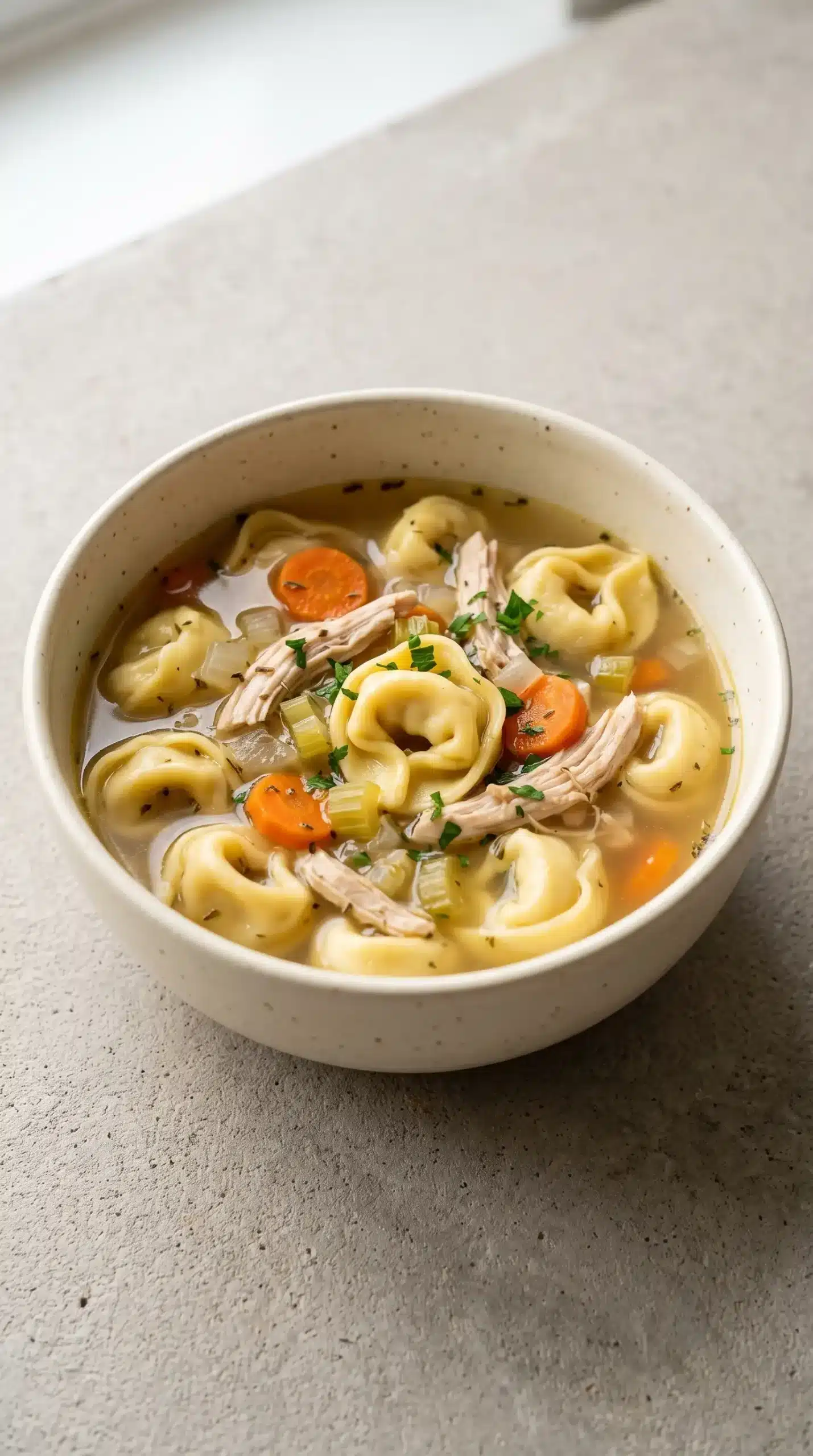 Bowl of chicken tortellini soup with chicken, cheese tortellini, vegetables, and herbs in broth