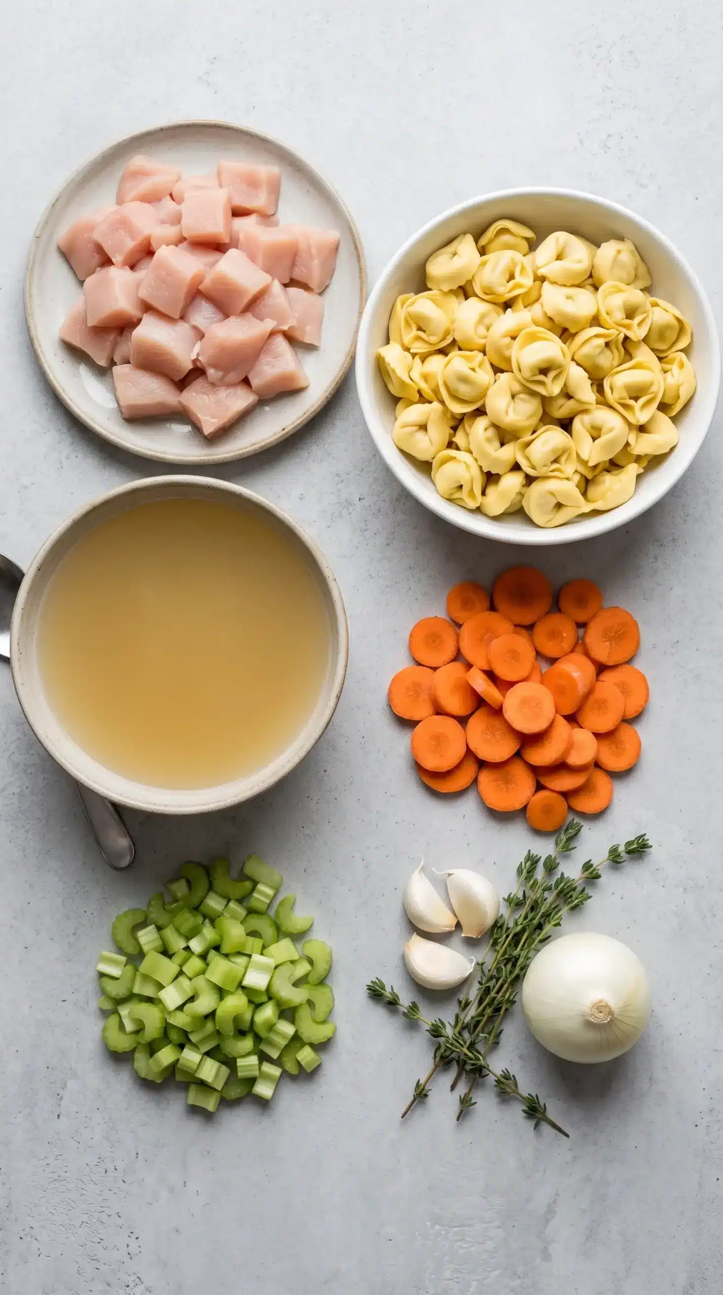 Ingredients for chicken tortellini soup with tortellini, chicken, broth, vegetables, and herbs arranged on a board