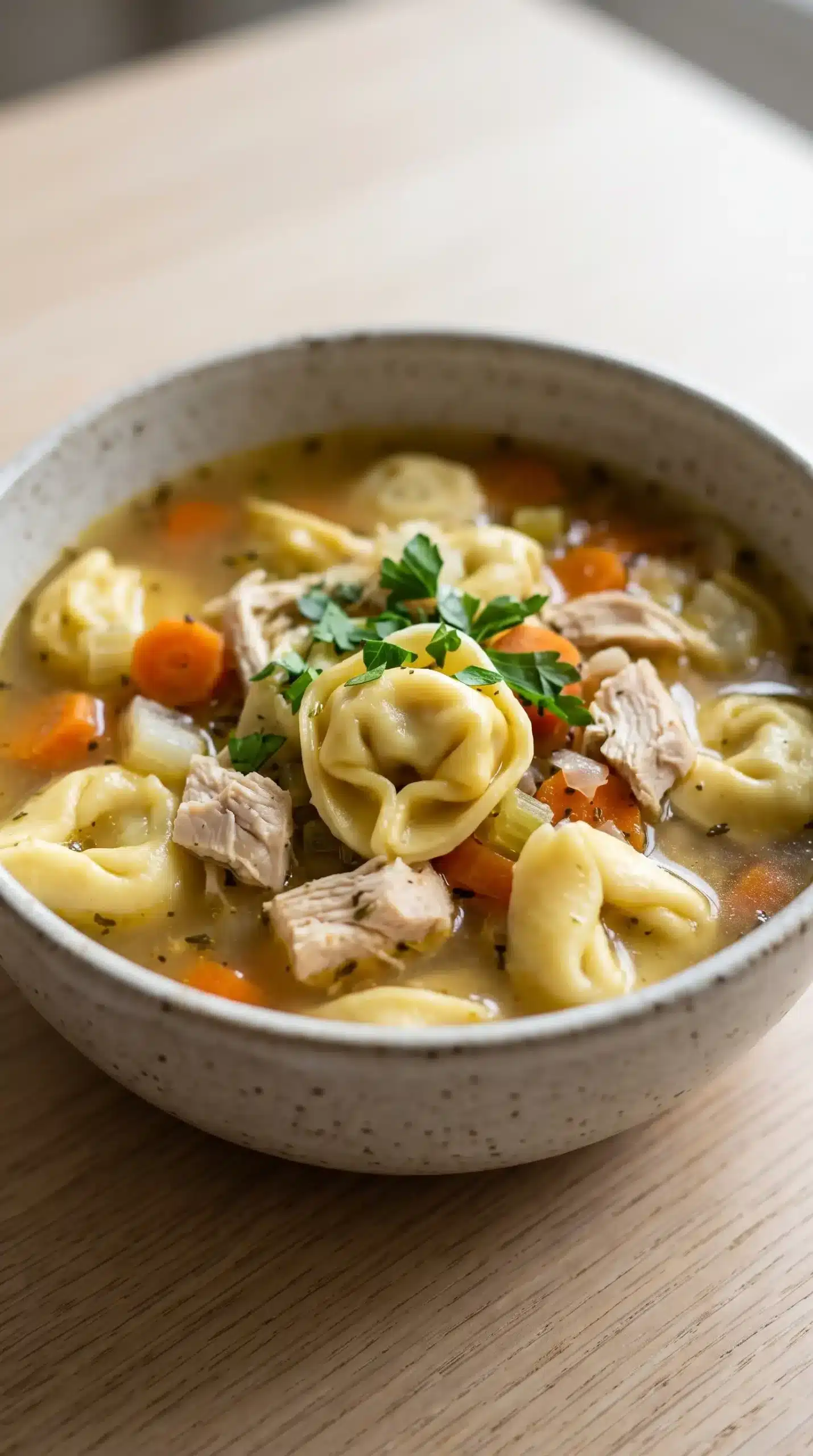Serving bowl of chicken tortellini soup with tender chicken, cheese tortellini, vegetables, and broth