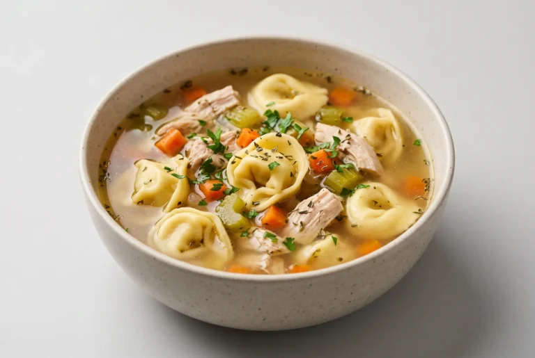 Chicken tortellini soup with cheese tortellini, chicken pieces, vegetables, and golden broth in a bowl