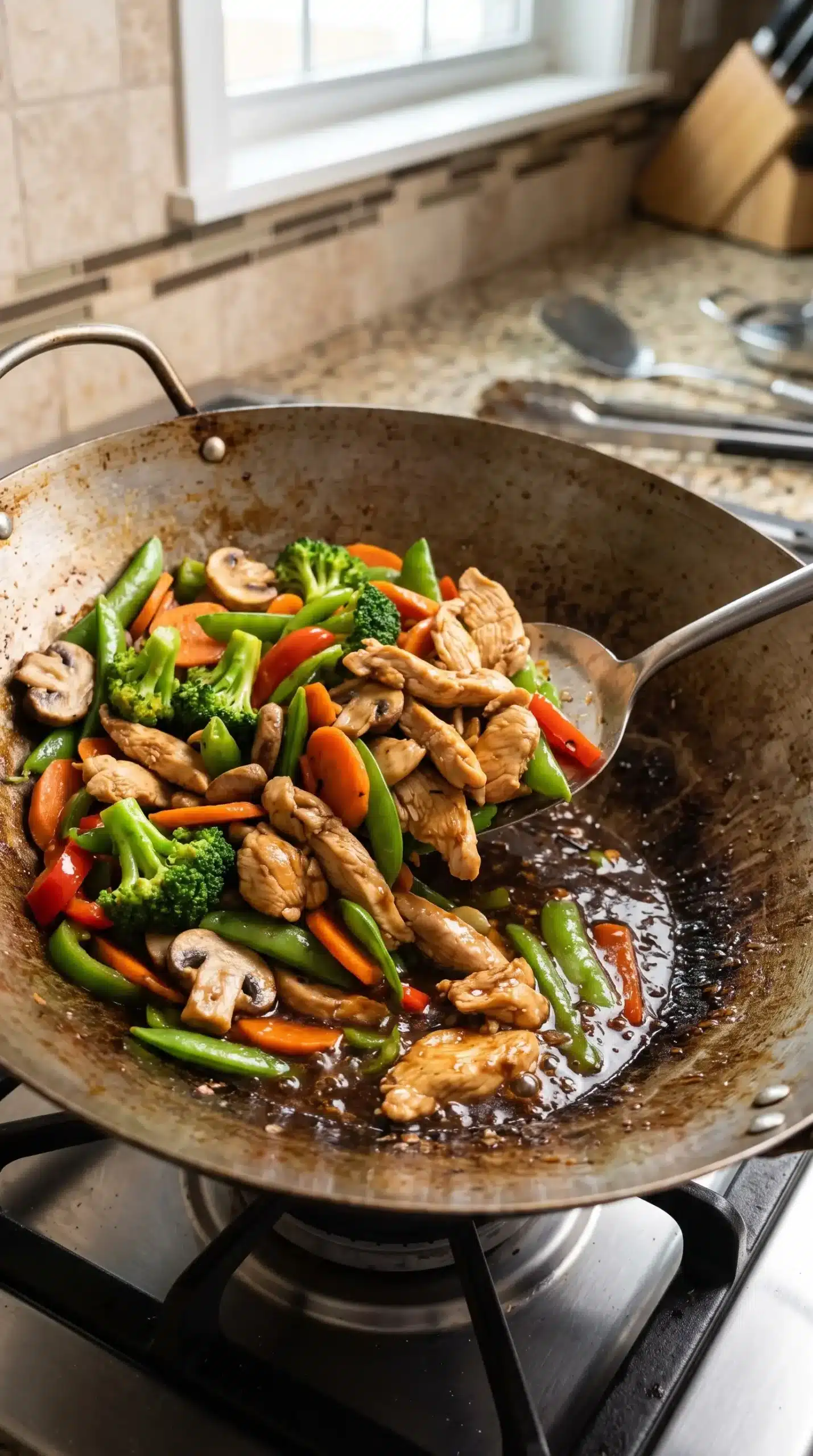 Chicken and vegetables cooking together in a skillet with savory stir fry sauce