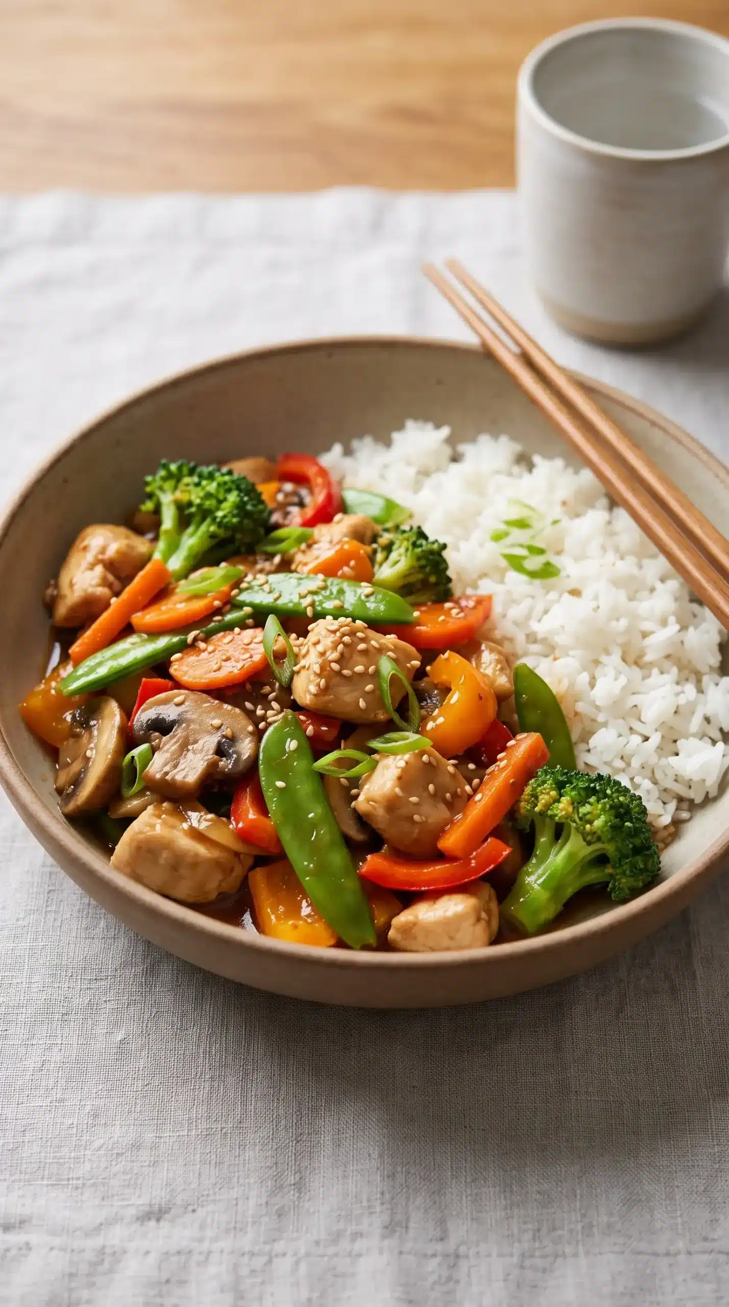 Finished chicken vegetable stir fry bowl served with vegetables, sauce, and jasmine rice