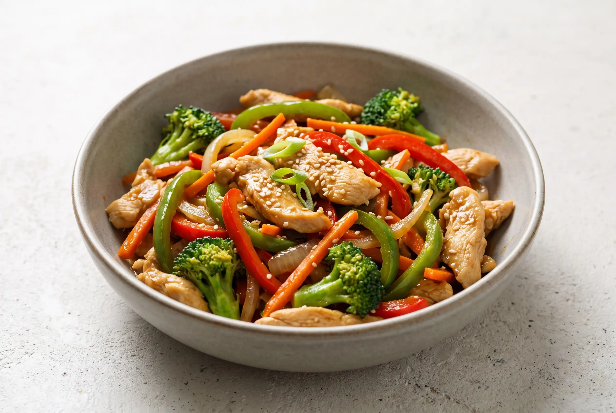Chicken vegetable stir fry with sliced chicken, colorful vegetables, and glossy savory sauce in a bowl