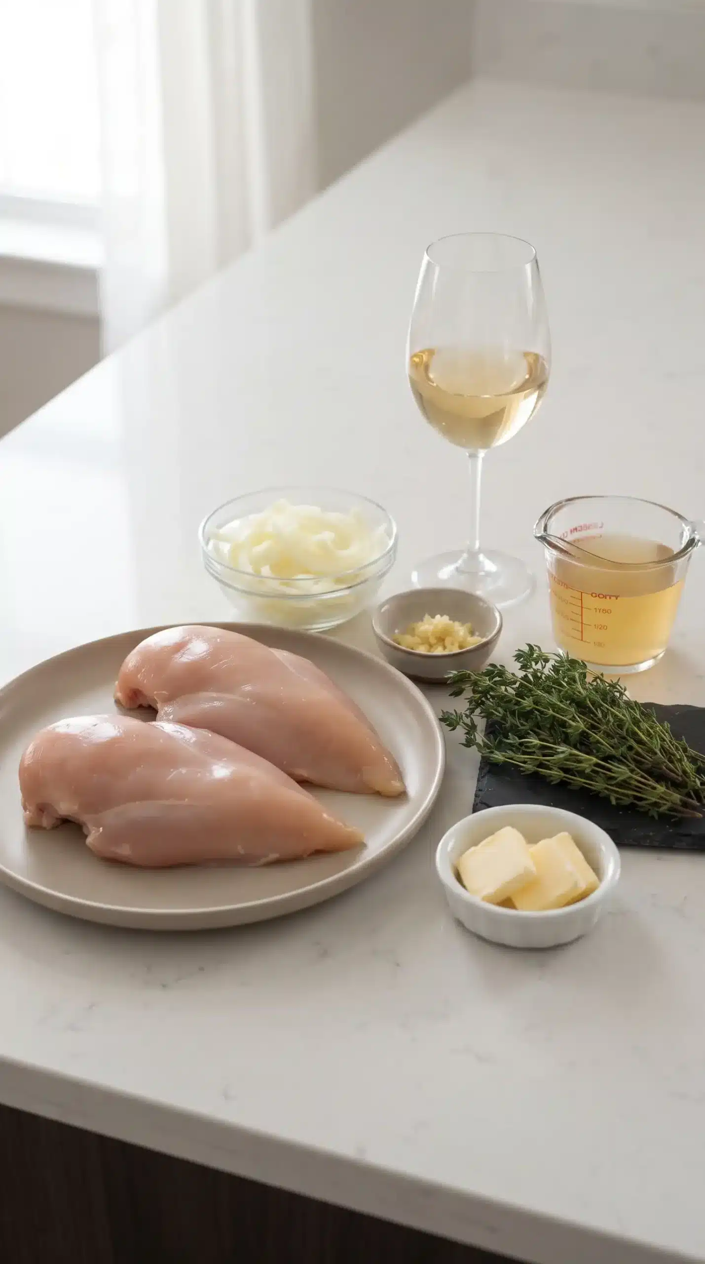 Ingredients for chicken in white wine sauce with chicken, onions, garlic, thyme, and wine