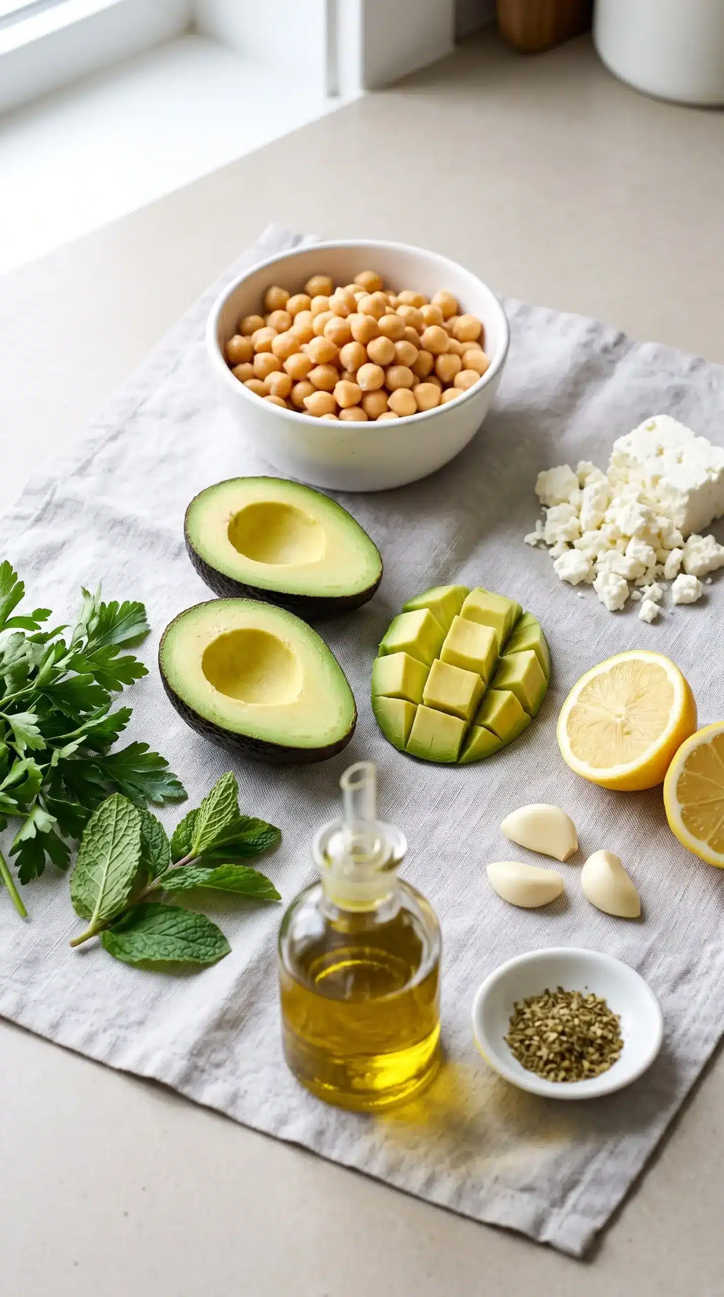 Ingredients for chickpea feta avocado salad with chickpeas, avocado, feta, herbs, lemon, and olive oil