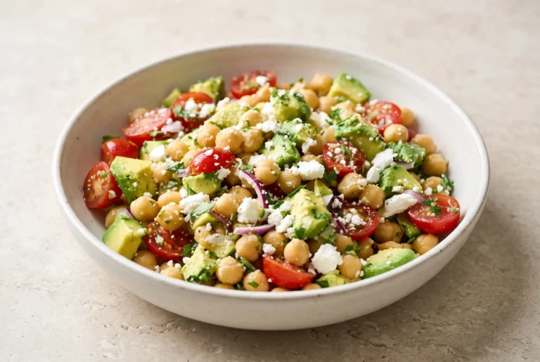 Chickpea feta avocado salad with lemon olive oil dressing in a ceramic bowl
