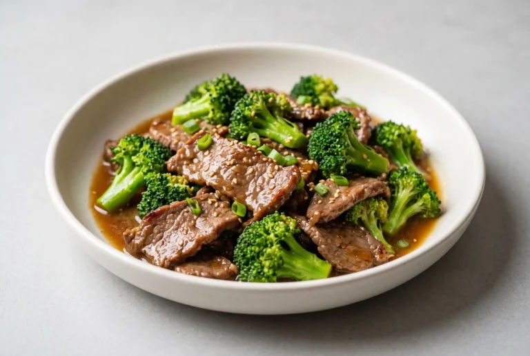 Chinese beef and broccoli stir fry with tender beef, green broccoli, and garlic ginger sauce