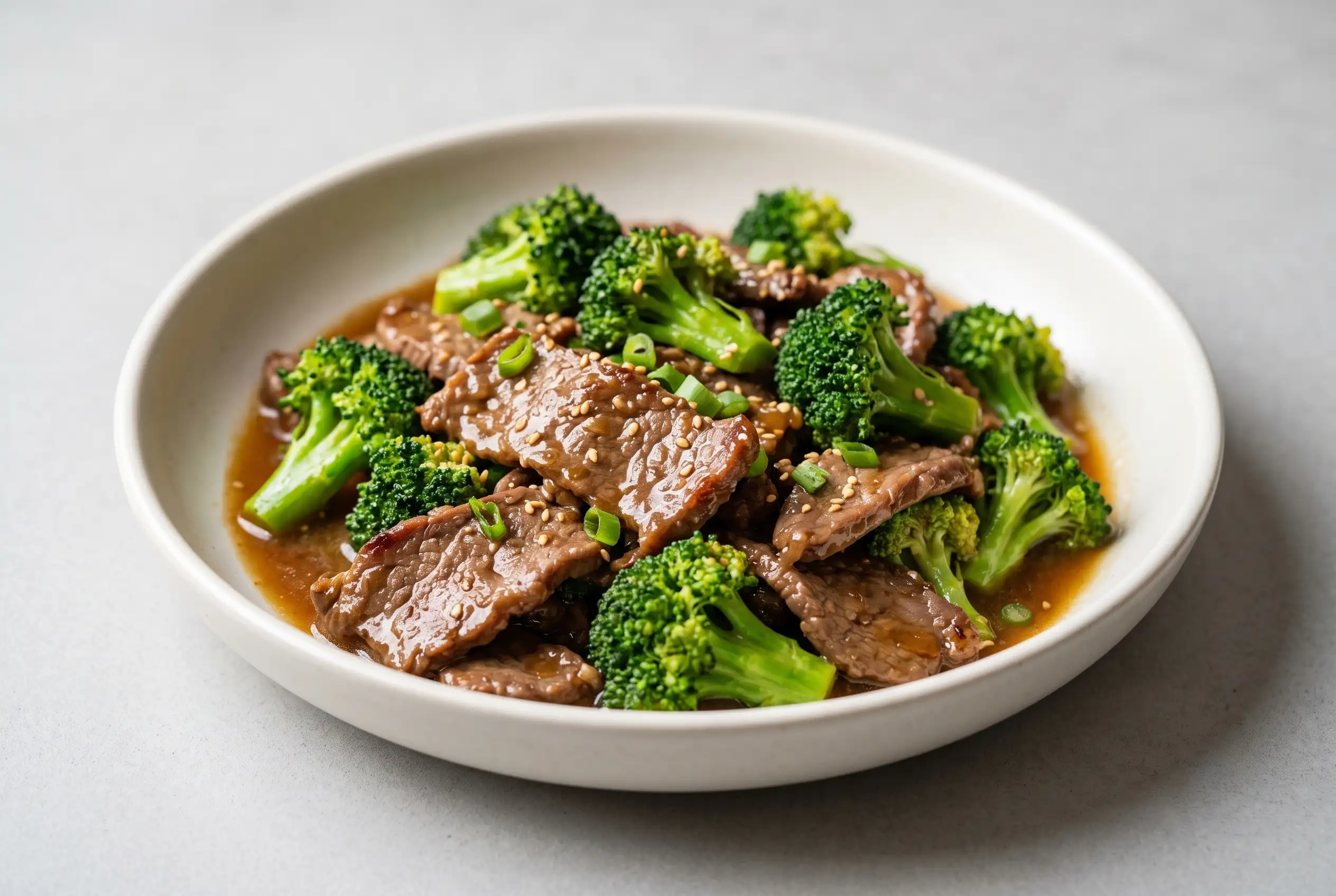Chinese beef and broccoli stir fry with tender beef, green broccoli, and garlic ginger sauce