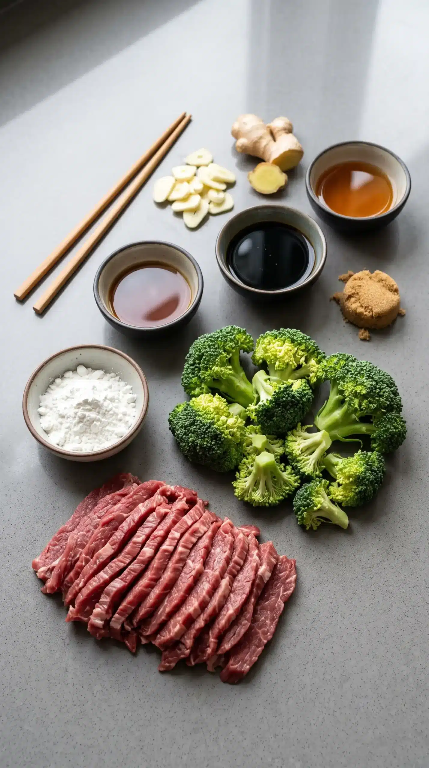 Ingredients for Chinese beef and broccoli with sliced steak, broccoli, garlic, ginger, and sauces
