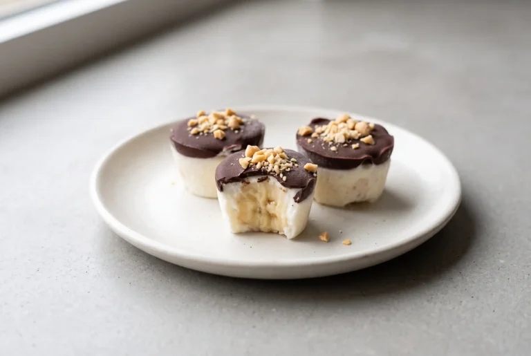 Chocolate banana yogurt bites with dark chocolate topping on a ceramic plate