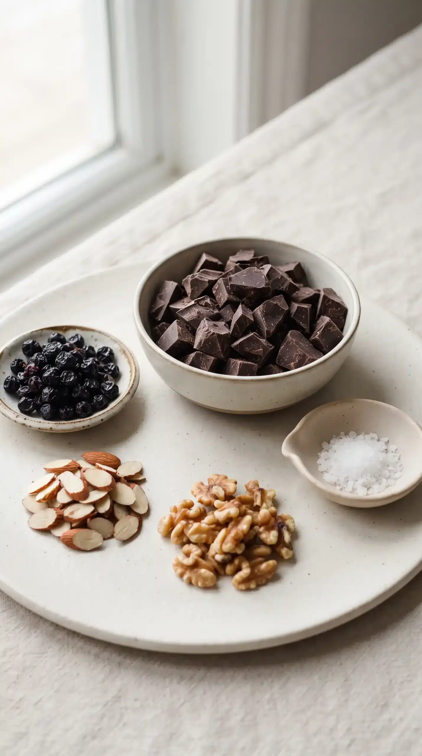 Dark chocolate, dried blueberries, almonds, walnuts, and sea salt for chocolate blueberry bark