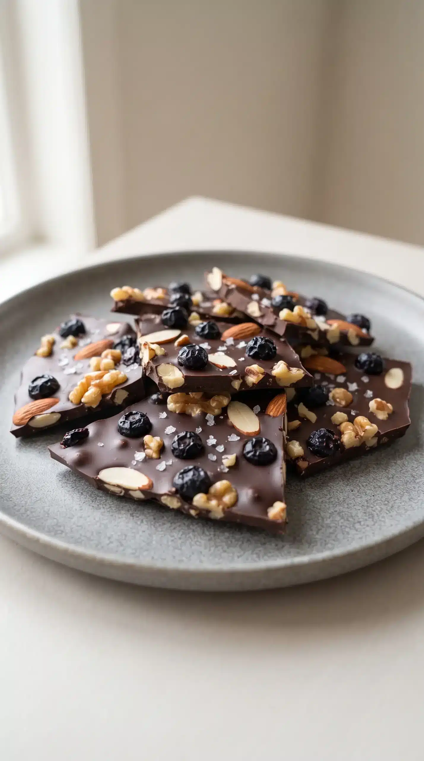 Finished chocolate blueberry bark pieces with dried fruit, nuts, and sea salt on a plate