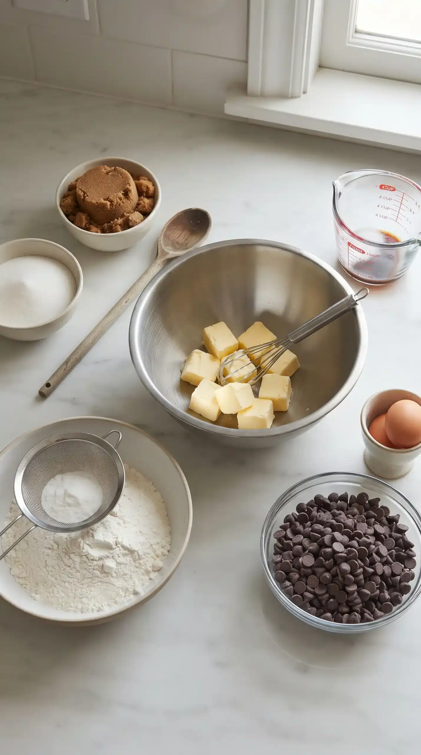Baking ingredients for chocolate chip cookies with butter, sugars, flour, eggs, and chocolate chips