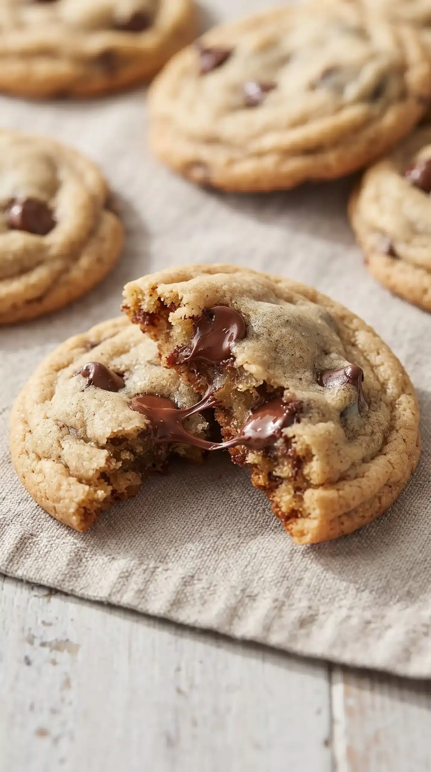 Broken chocolate chip cookie showing a soft chewy center, melted chips, and crisp golden edges