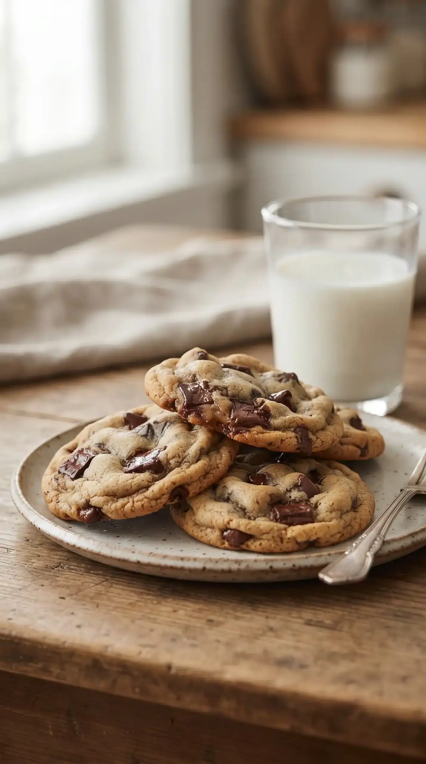 Classic chocolate chip cookies served on a plate with a glass of cold milk