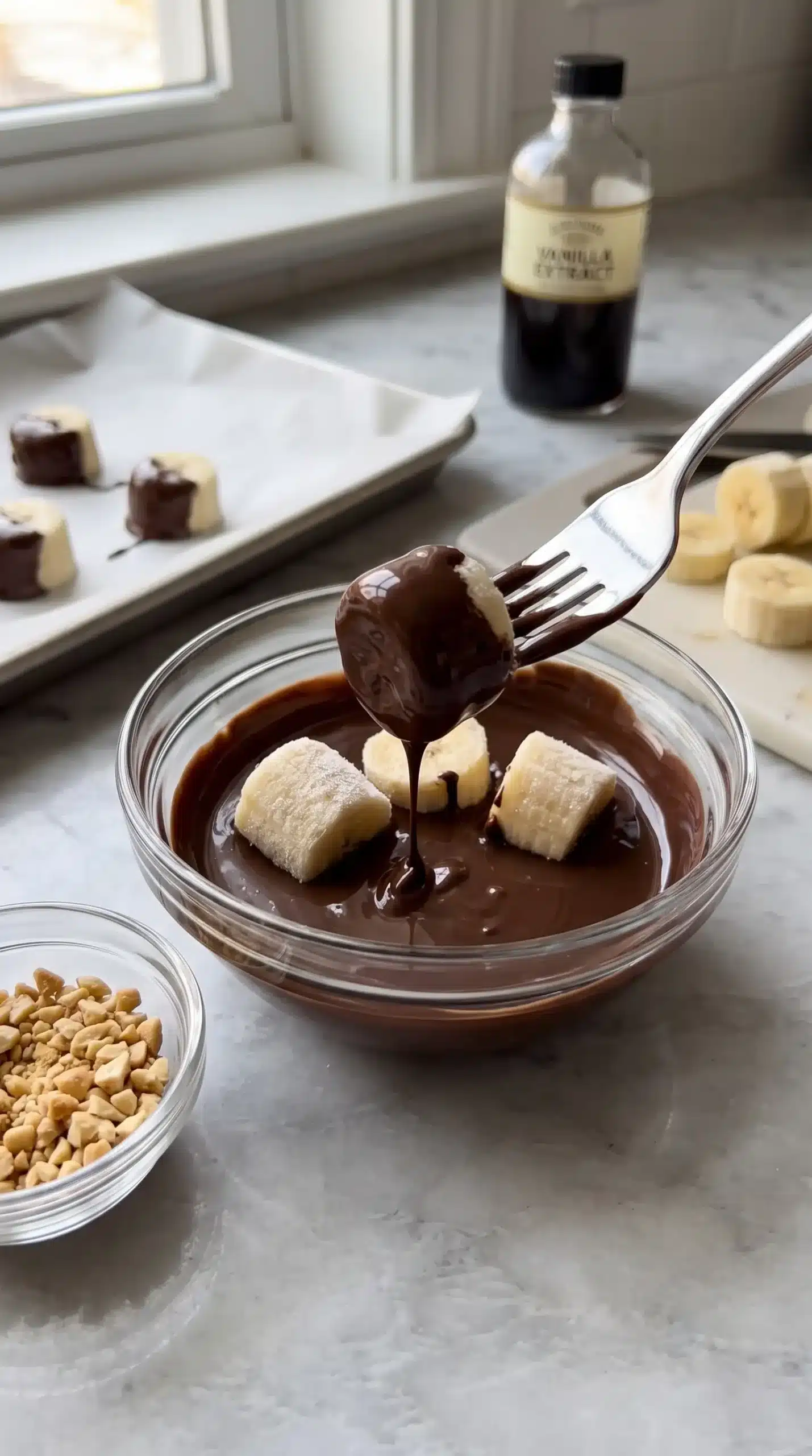 Banana slices being coated with melted dark chocolate and topped with chopped peanuts