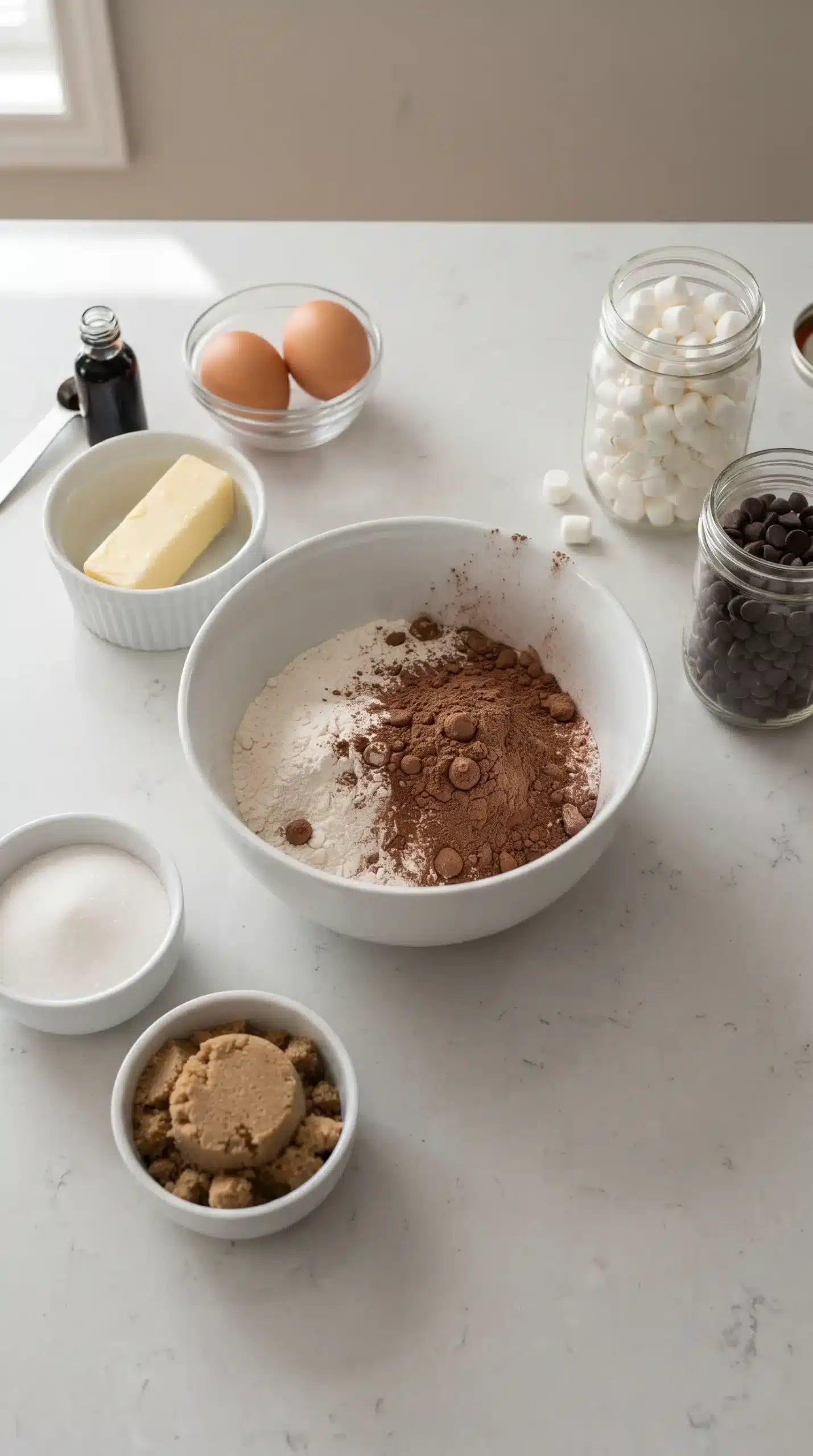 Ingredients arranged for chocolate marshmallow cookies with cocoa, butter, sugars, marshmallows, and chocolate chips