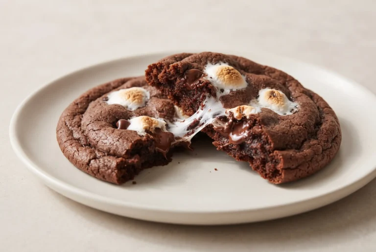 Chocolate marshmallow cookies broken open to show gooey marshmallow pockets and chocolate chips
