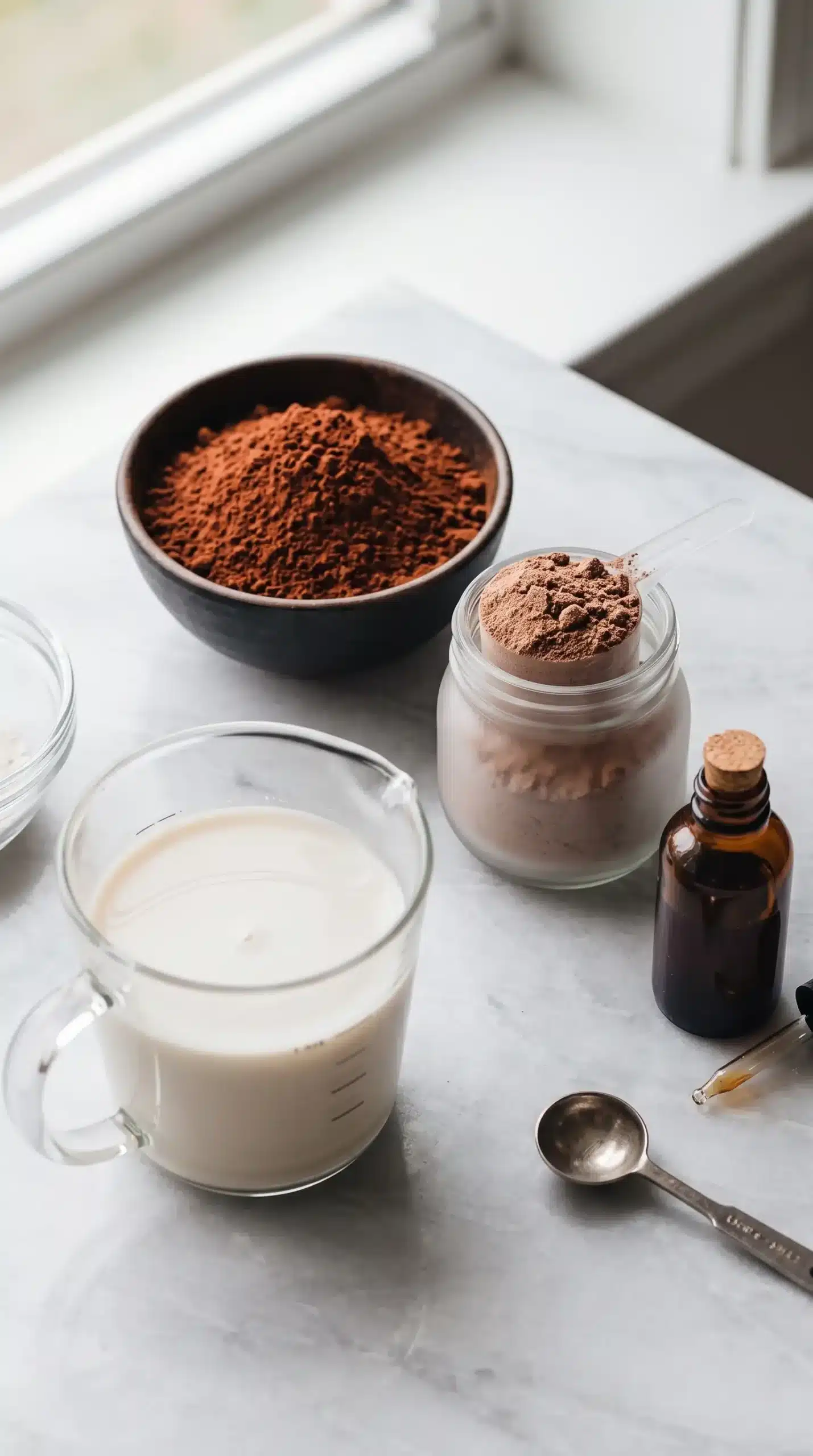 Cocoa powder, protein powder, vanilla extract, and almond milk for chocolate pudding