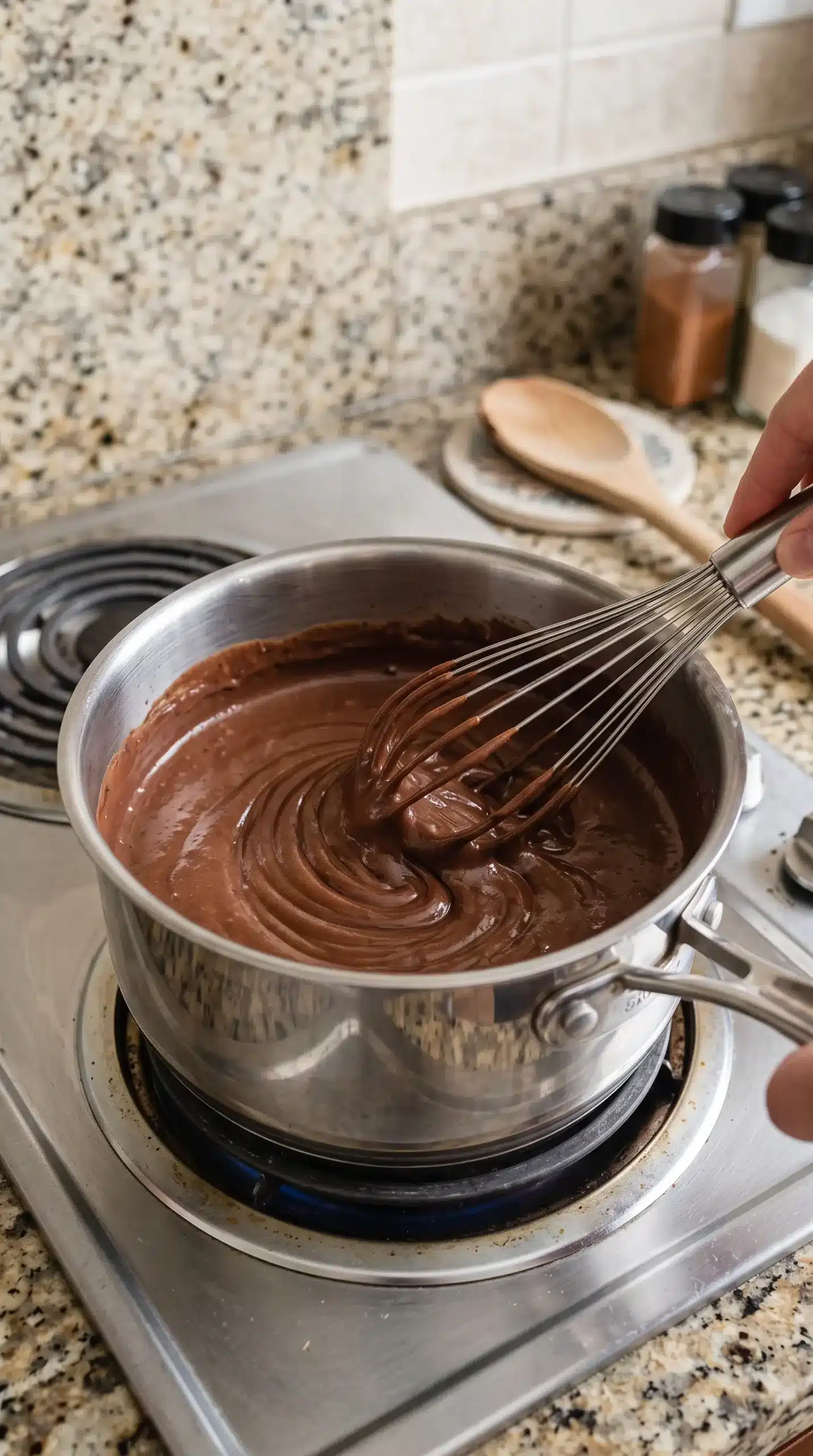 Chocolate pudding mixture in a saucepan being whisked with almond milk