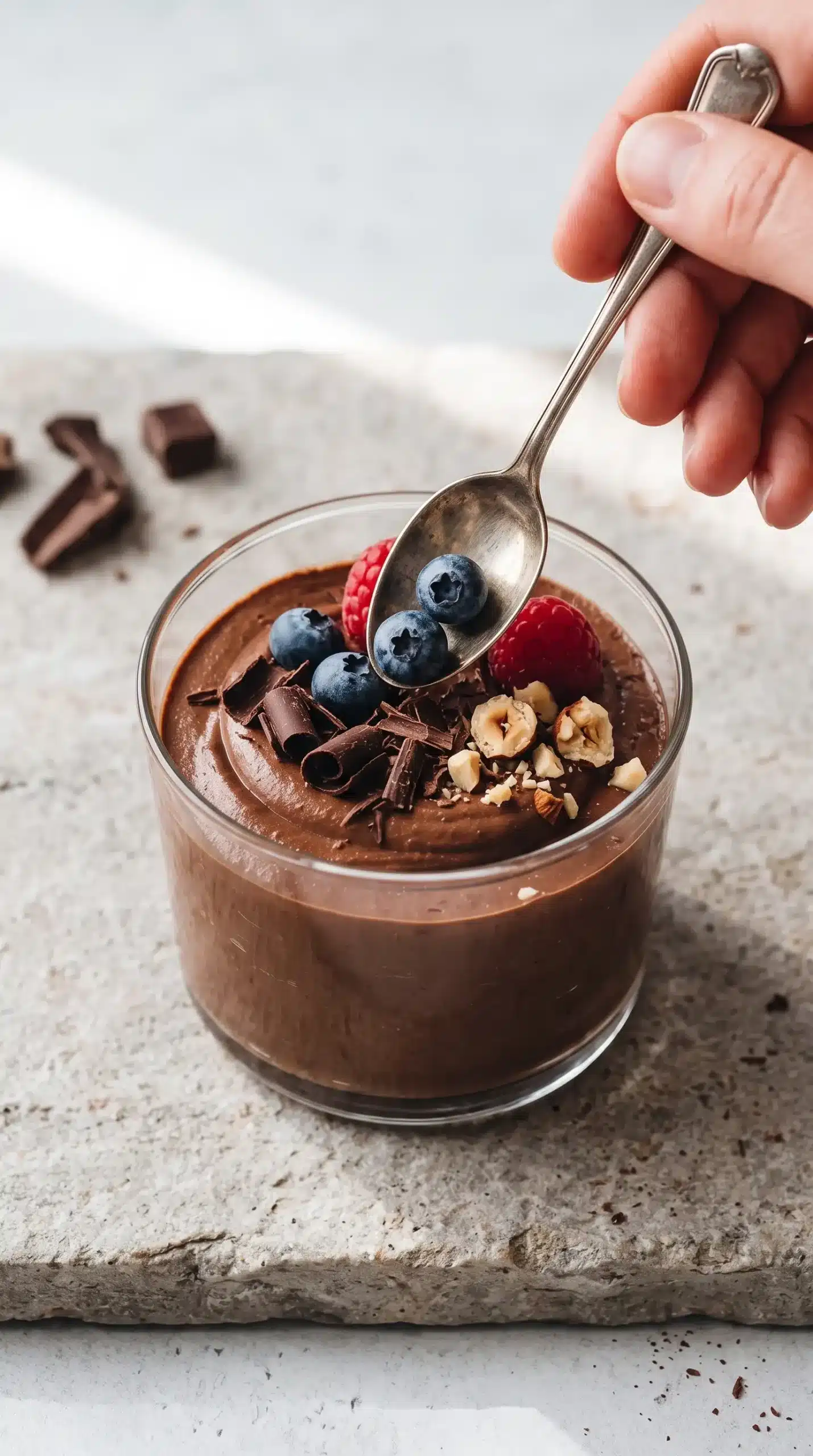 Chilled chocolate pudding topped with berries, chocolate shavings, and nuts