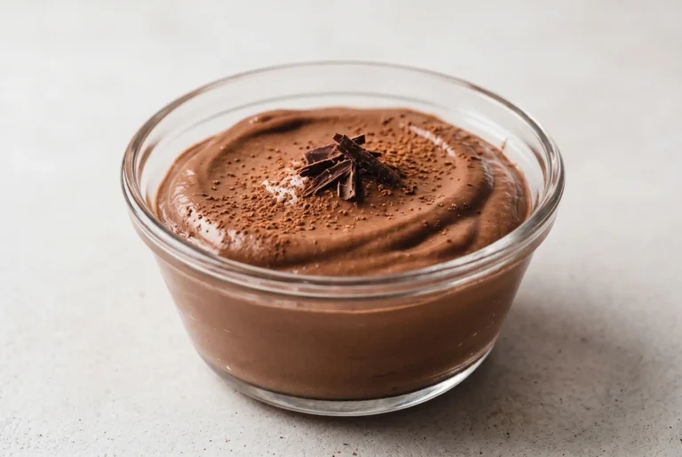 Chocolate pudding with almond milk and protein powder in a glass dessert bowl