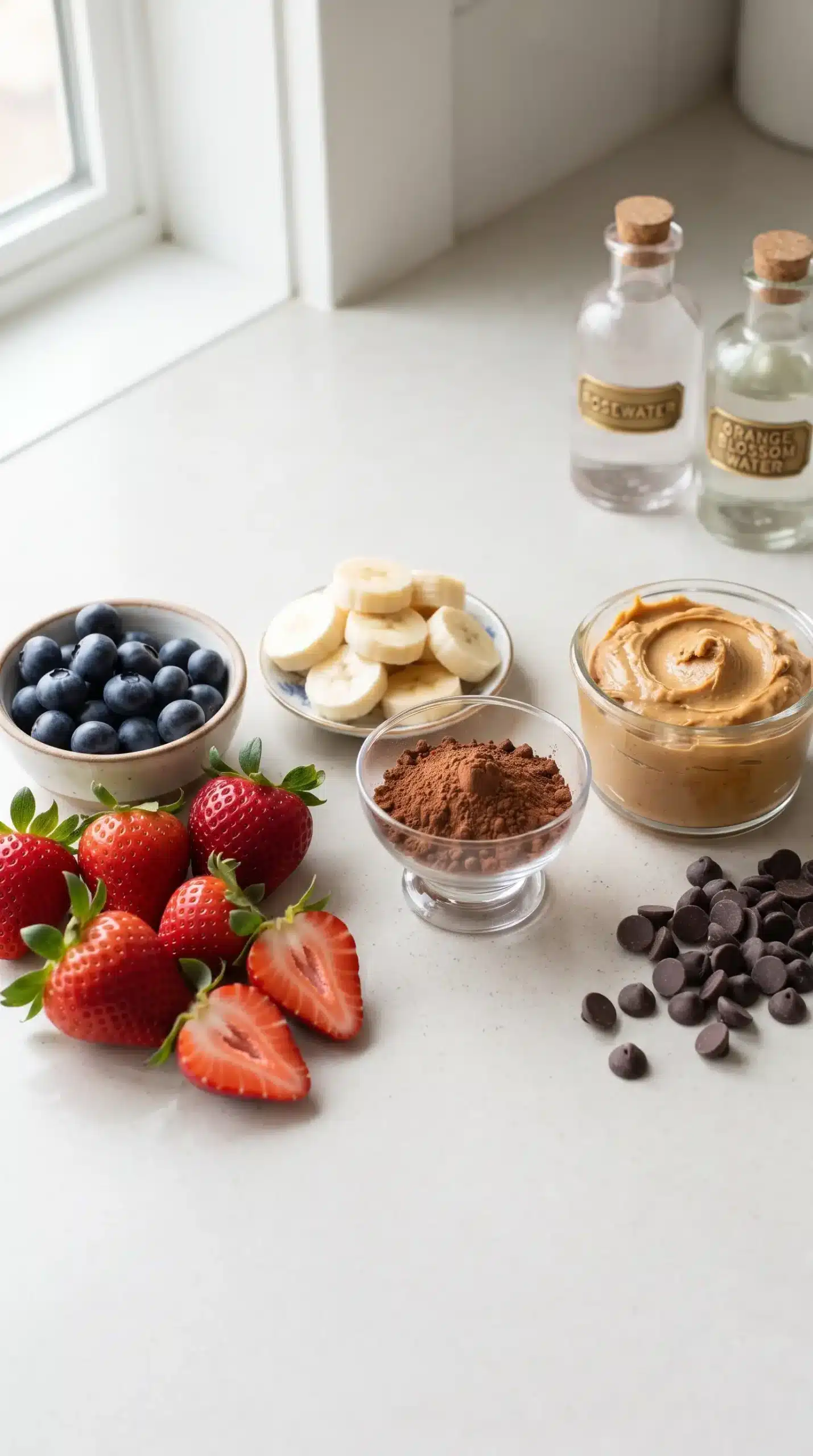 Fresh strawberries, blueberries, banana, cocoa, peanut butter, and chocolate ingredients for bliss bites