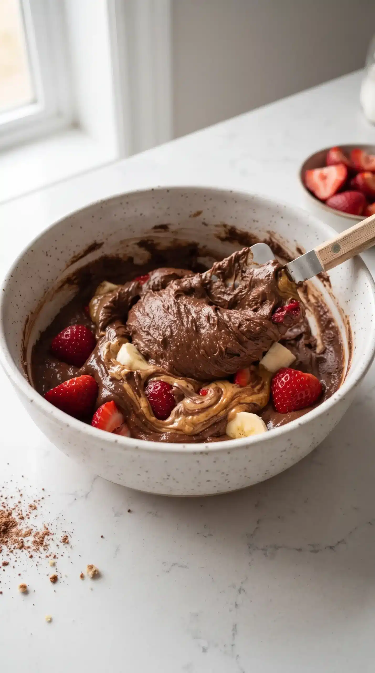 Chocolate and peanut butter mixture being combined with berries for chocolate strawberry bliss bites