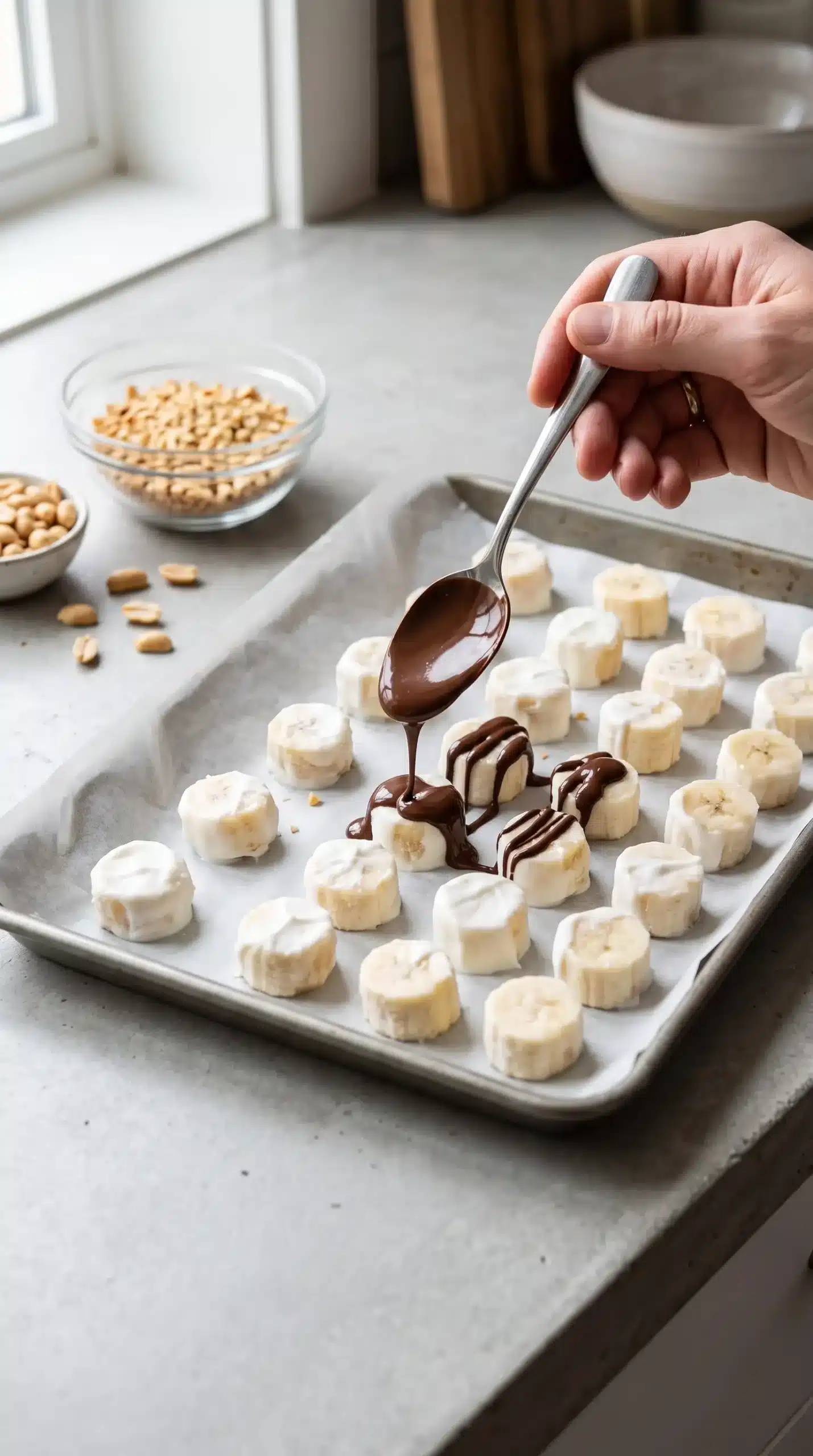 Dark chocolate being drizzled over yogurt-coated banana bites on a tray