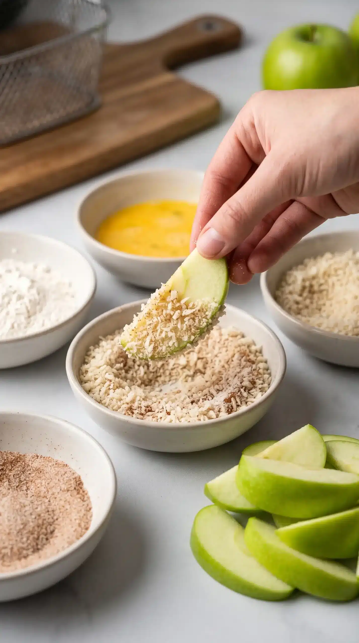 Apple wedges coated with panko breadcrumbs, cinnamon, and sugar