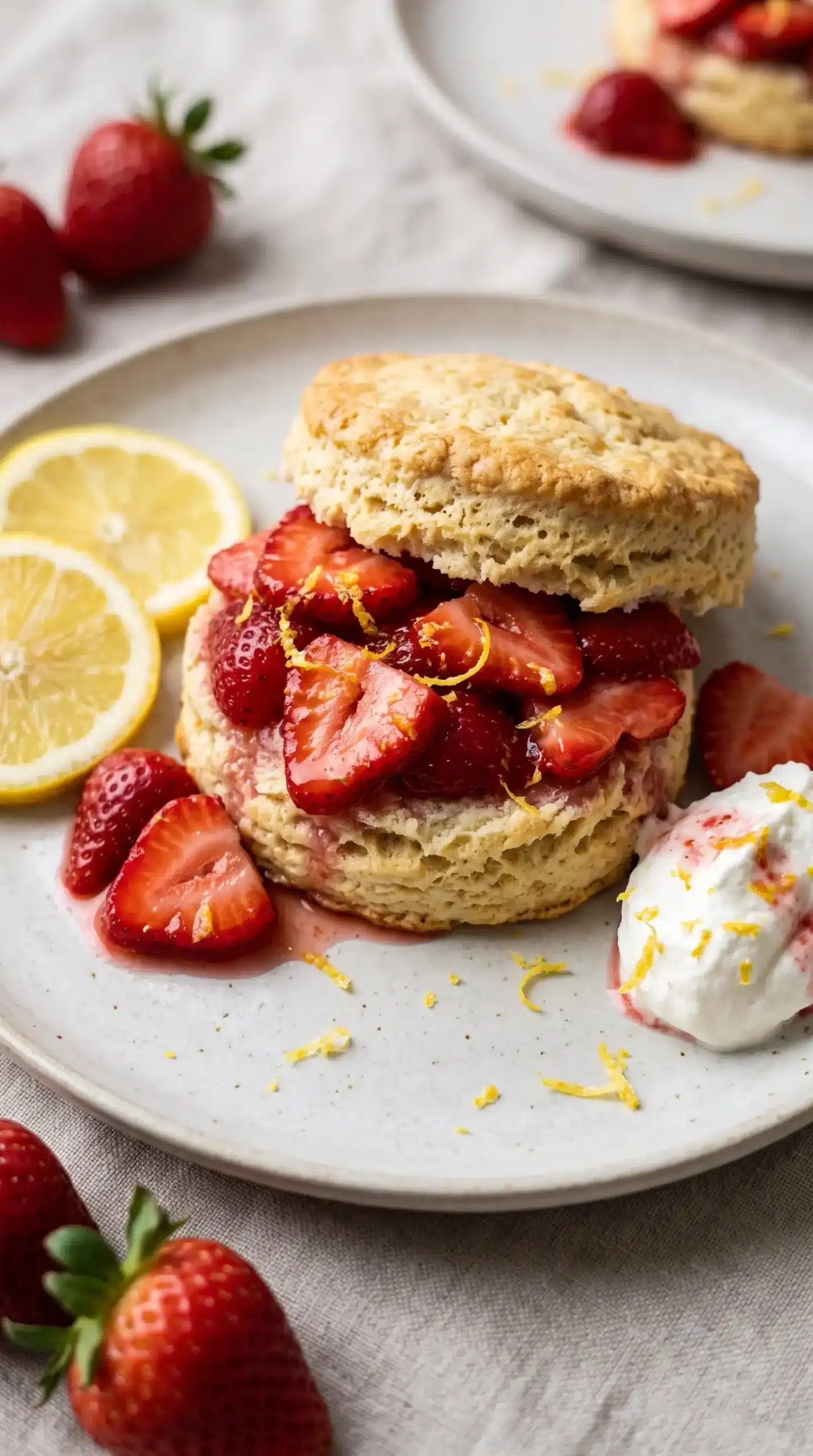 Shortcake biscuit topped with sliced strawberries, lemon zest, and fruit syrup
