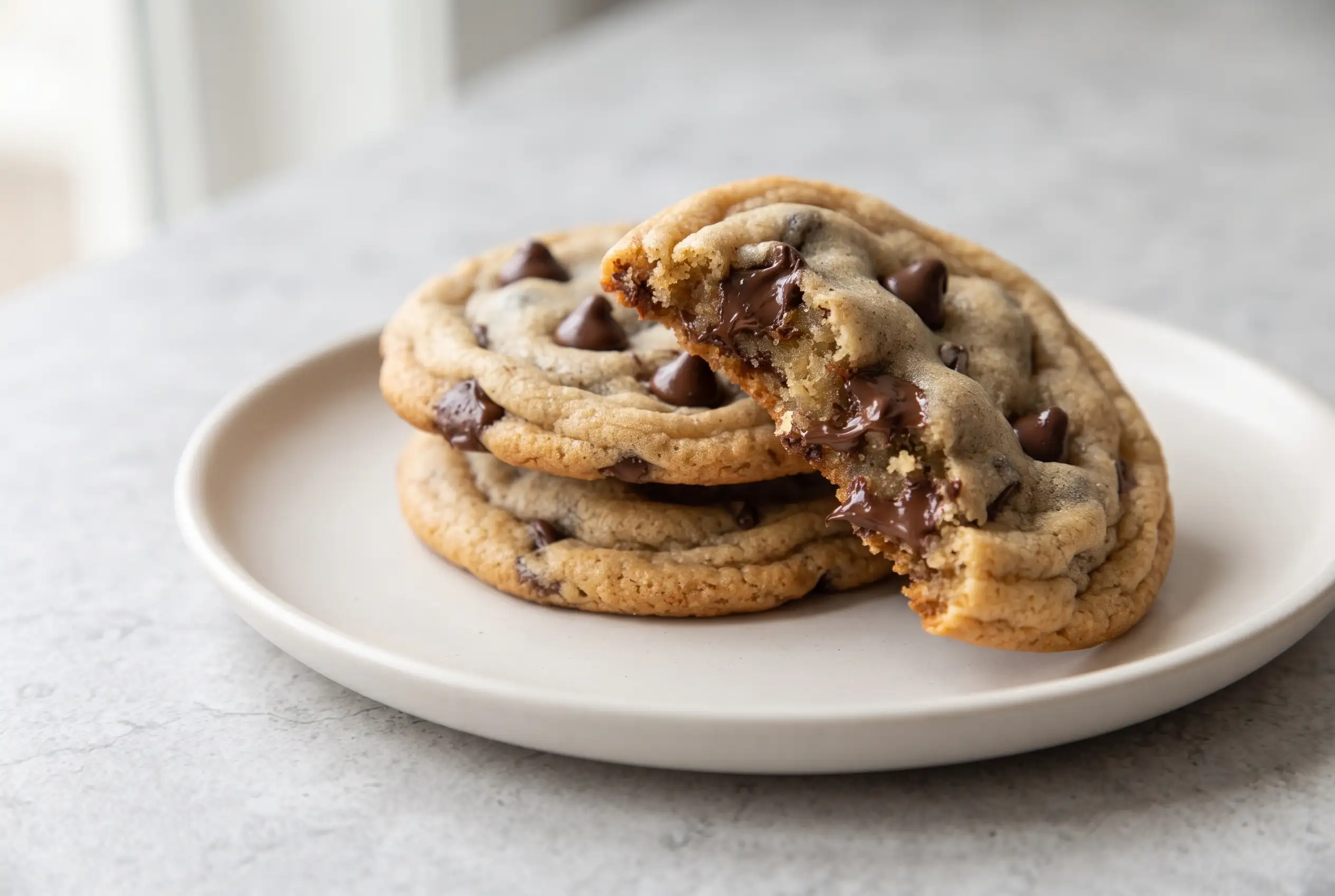 Stack of classic chocolate chip cookies with soft chewy centers and melted chocolate chips on a plate