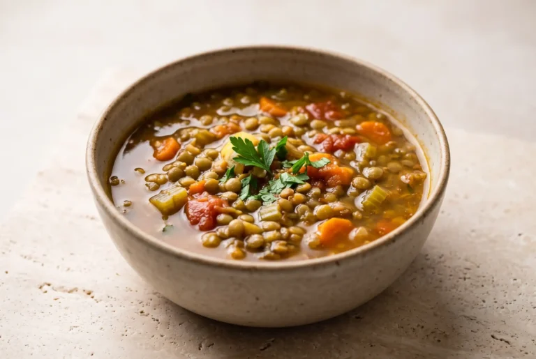 Classic lentil soup with vegetables and rich broth in a ceramic bowl