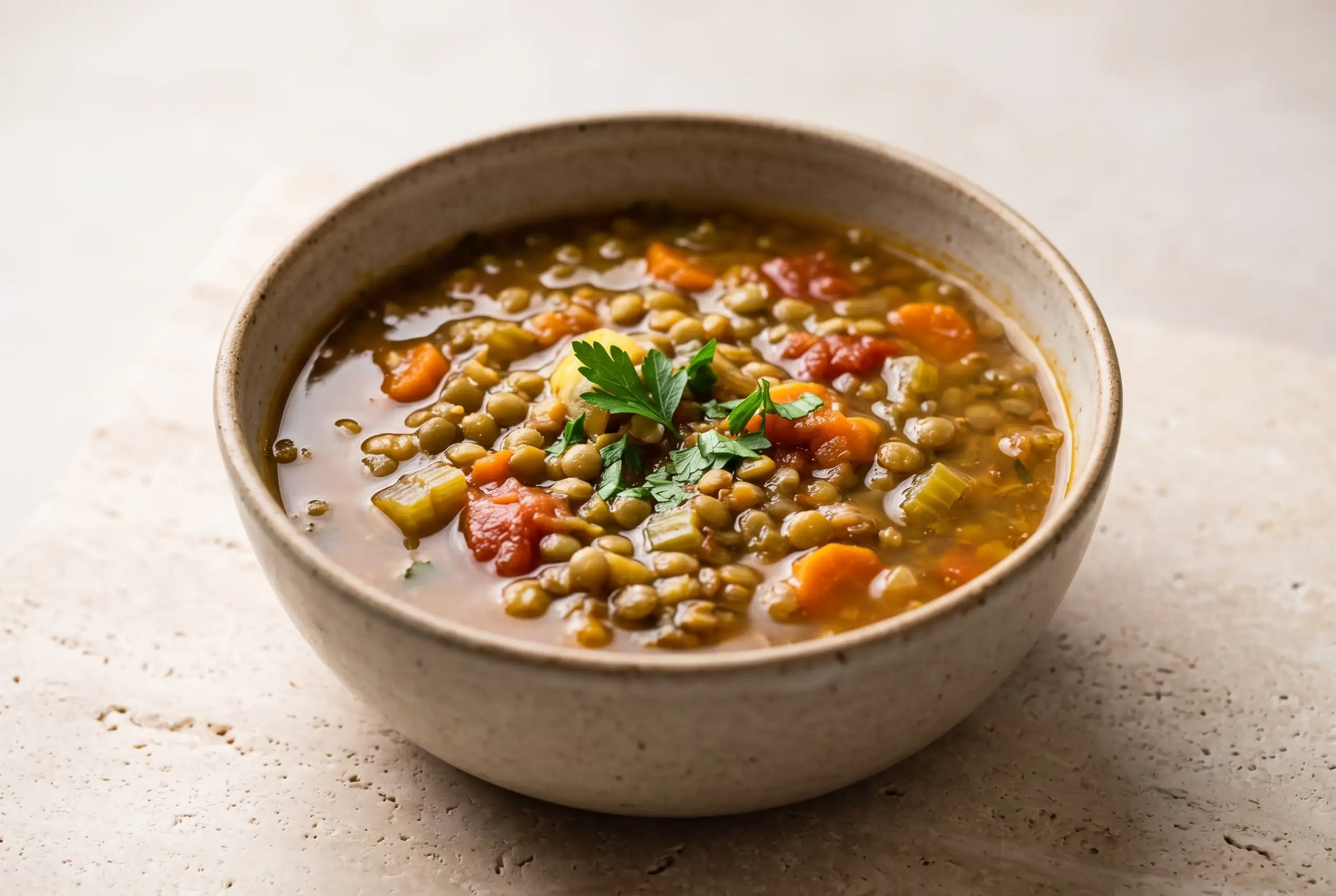 Classic lentil soup with vegetables and rich broth in a ceramic bowl