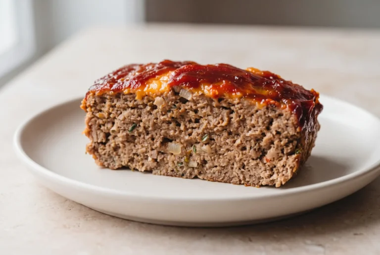 Sliced classic meatloaf recipe with sweet tangy glaze on a plate
