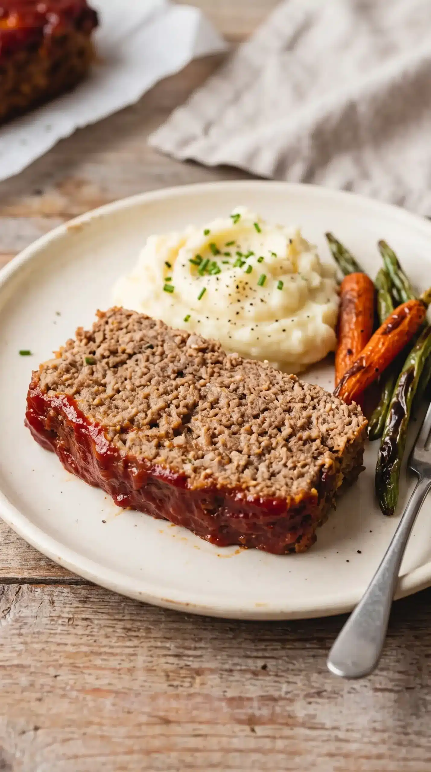 Sliced classic meatloaf served with mashed potatoes and roasted vegetables