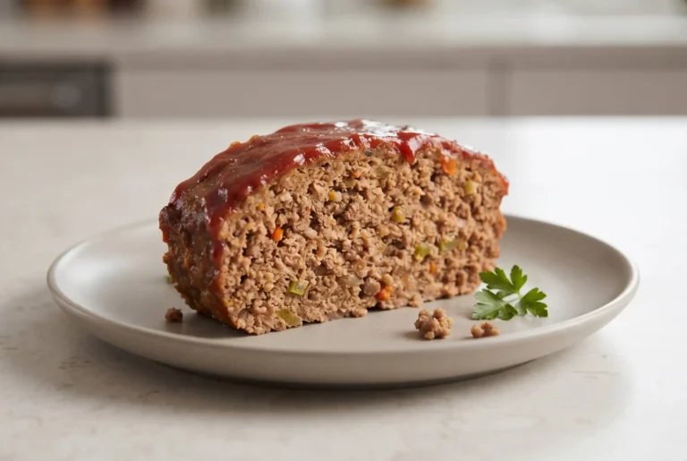 Slice of classic meatloaf recipe with ketchup glaze topping on a ceramic plate