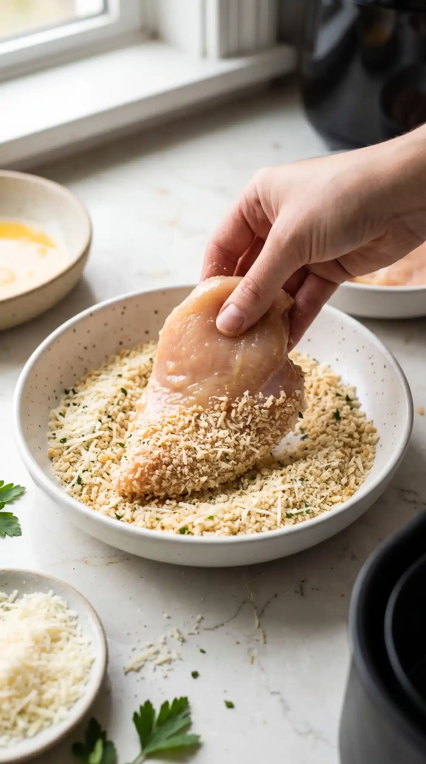 Raw chicken breast cutlet pressed into seasoned Parmesan breadcrumbs in a shallow ceramic dish